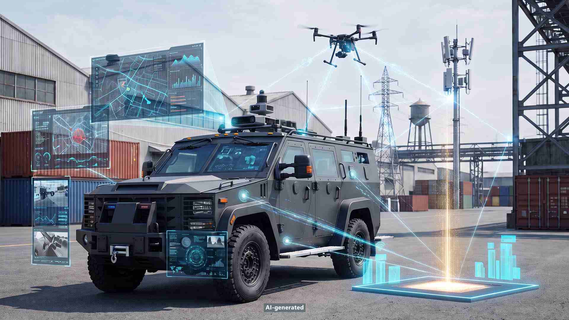 Ein militärisches Fahrzeug mit einer Drohne und digitalen Elementen zur Veranschaulichung von Software-defined Defense.
